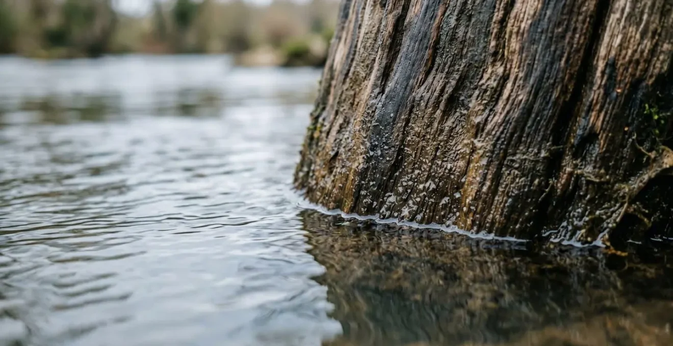 Gros plan sur les variations du niveau d'eau d'une rivière française, détails de surface et reflets
