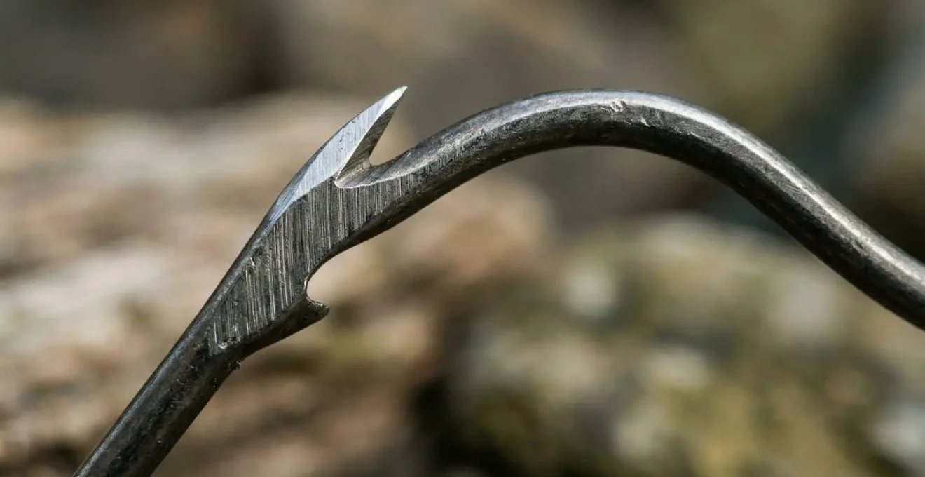 Gros plan détaillé sur un hameçon fort de fer moderne avec sa pointe acérée et son épaisseur de fil renforcée, posé sur une surface texturée naturelle