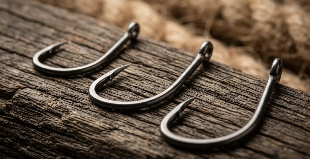 Gros plan sur des hameçons simples de pêche de différentes tailles disposés sur une surface texturée