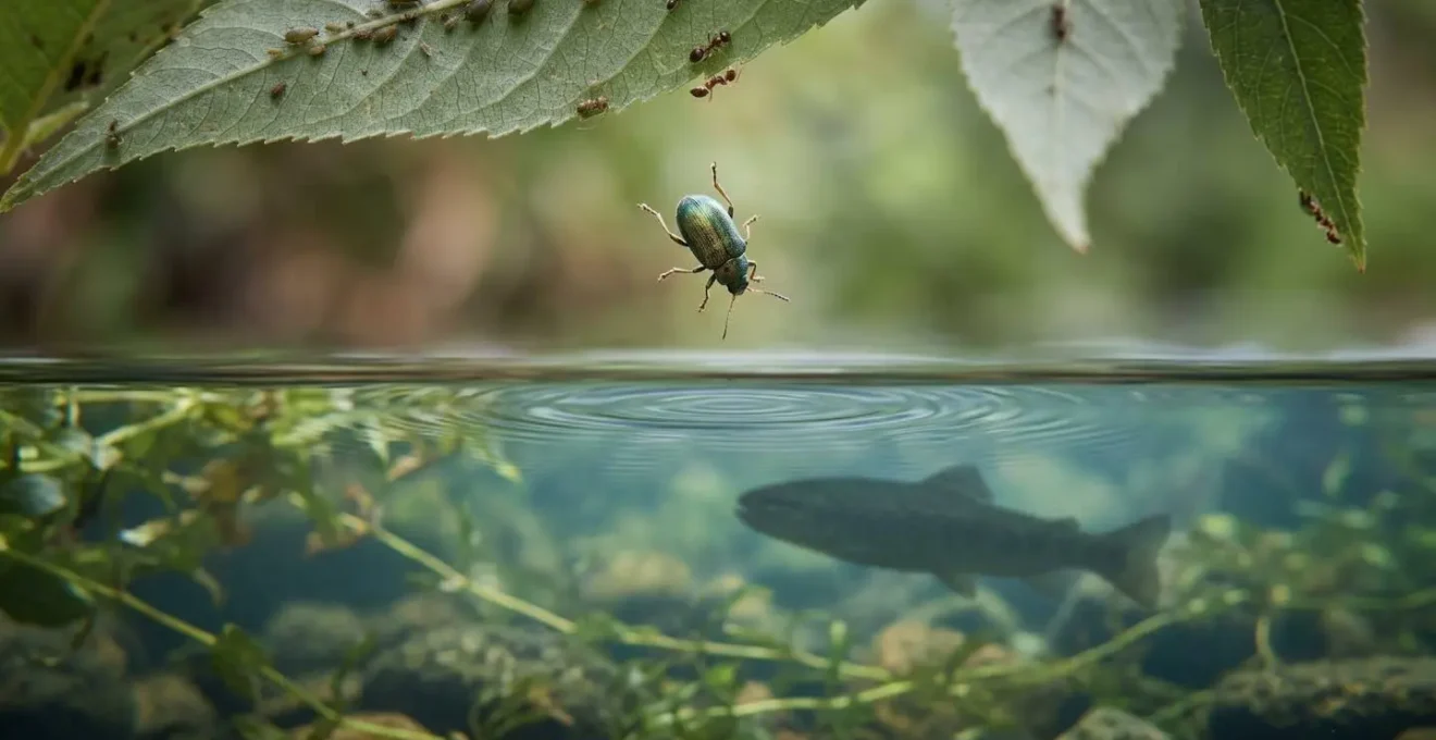 Insectes terrestres tombant dans l'eau depuis la végétation surplombante d'une rivière française en été