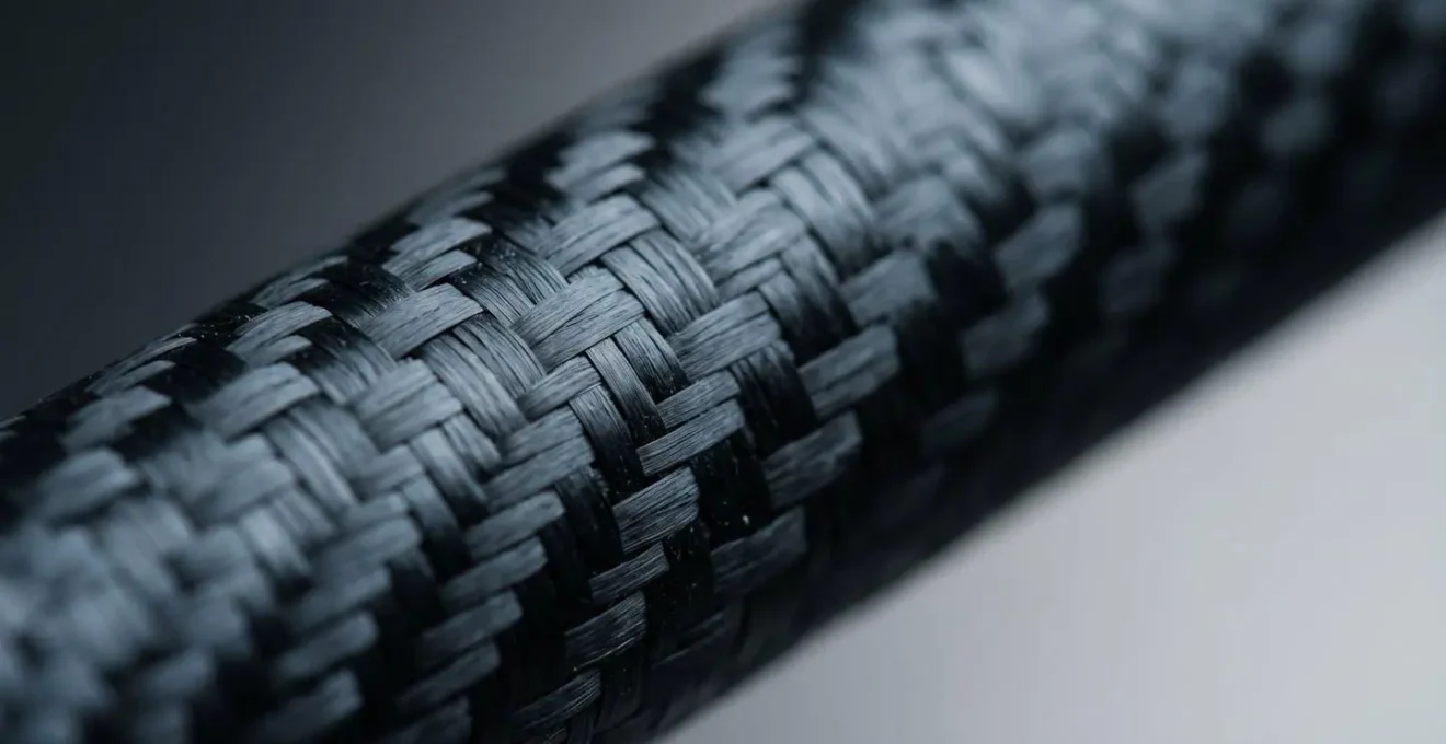 Gros plan macro sur la surface d'un blank de canne à pêche en carbone révélant la texture tissée des fibres