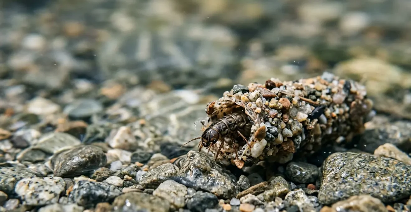 Larve de phrygane dans son fourreau sur le lit d'une rivière claire, bioindicateur d'eau de qualité