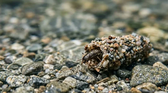 Larve de phrygane dans son fourreau sur le lit d'une rivière claire, bioindicateur d'eau de qualité