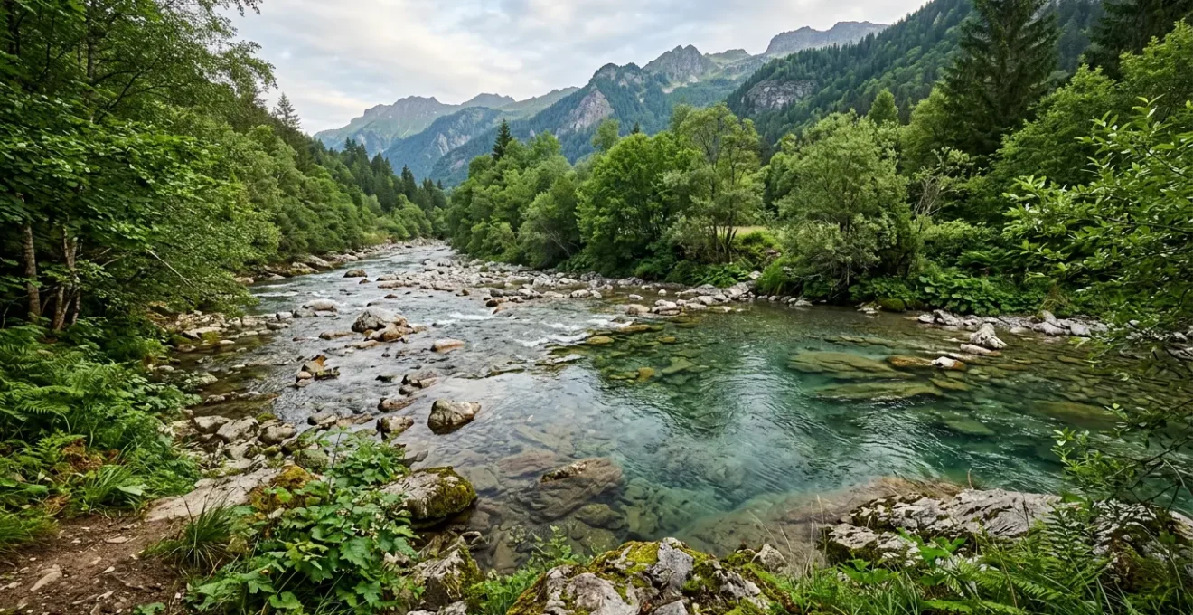 Pêcheur observant les mouvements de l'eau d'une rivière française pour identifier les postes à truites