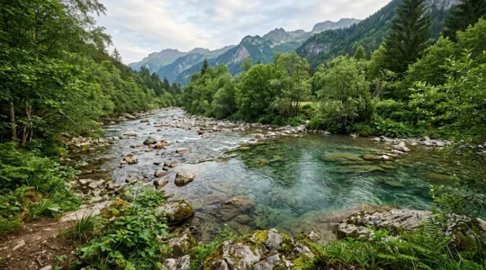 Pêcheur observant les mouvements de l'eau d'une rivière française pour identifier les postes à truites