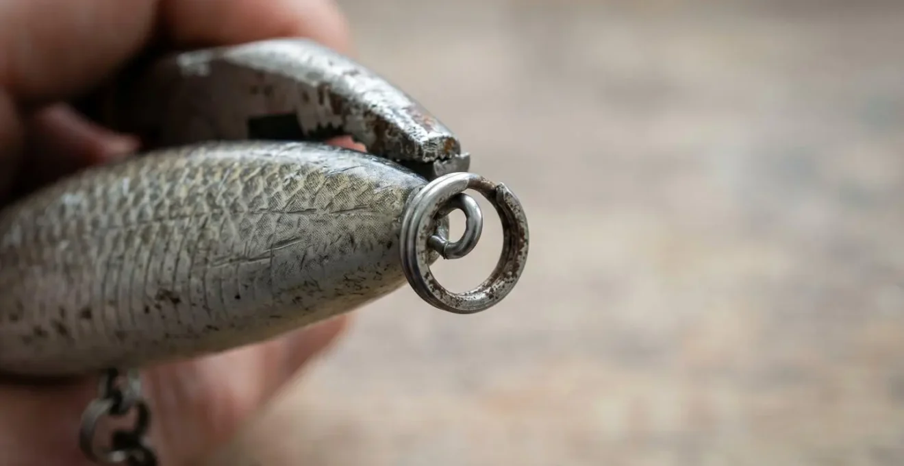 Gros plan sur des mains de pêcheur ajustant délicatement l'œillet d'un poisson nageur avec une pince de précision