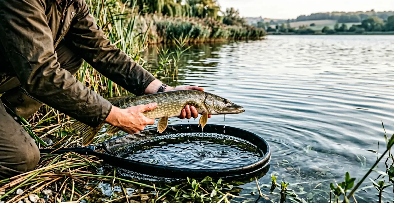 Pêcheur manipulant avec précaution un brochet au-dessus d'une épuisette dans un environnement aquatique naturel français