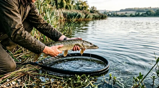 Pêcheur manipulant avec précaution un brochet au-dessus d'une épuisette dans un environnement aquatique naturel français