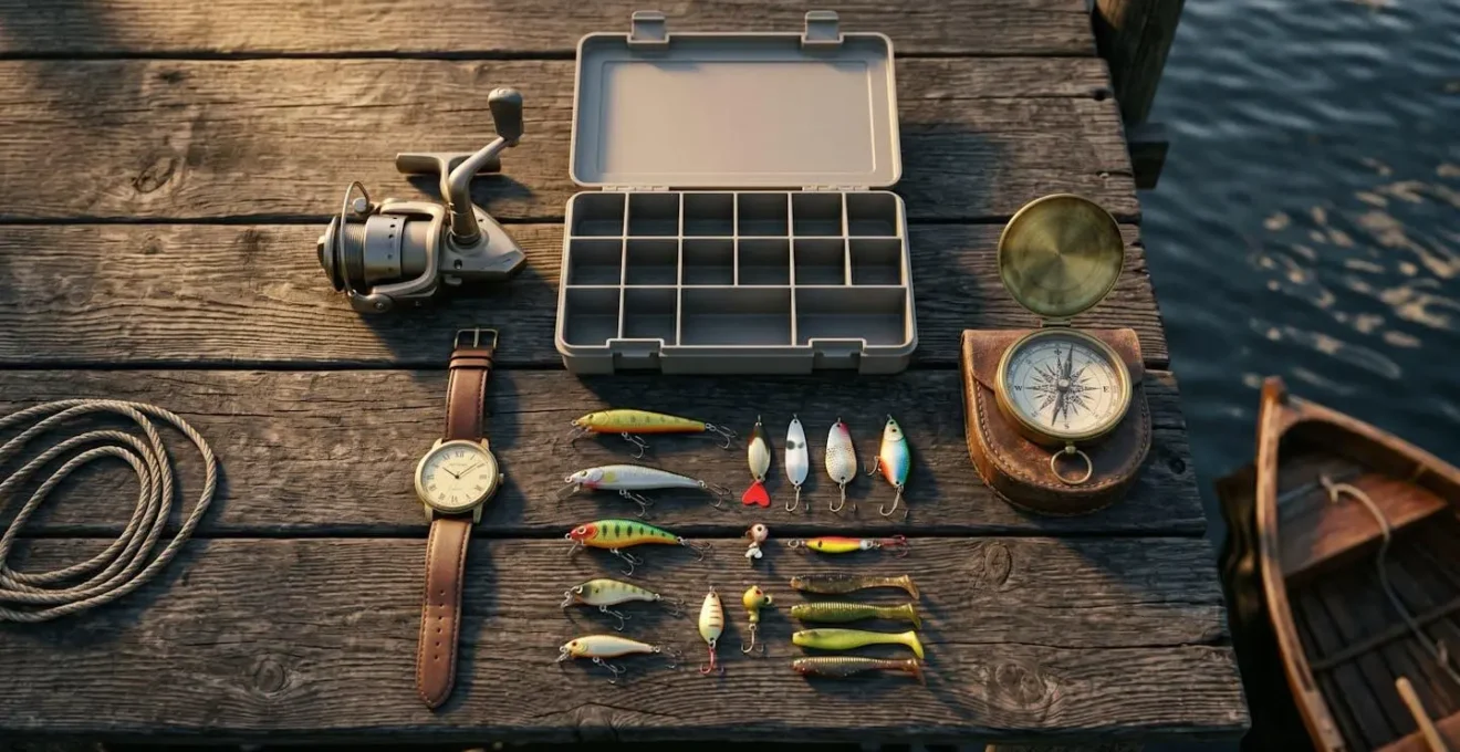 Équipement de pêche et accessoires d'observation disposés sur une surface naturelle au bord de l'eau