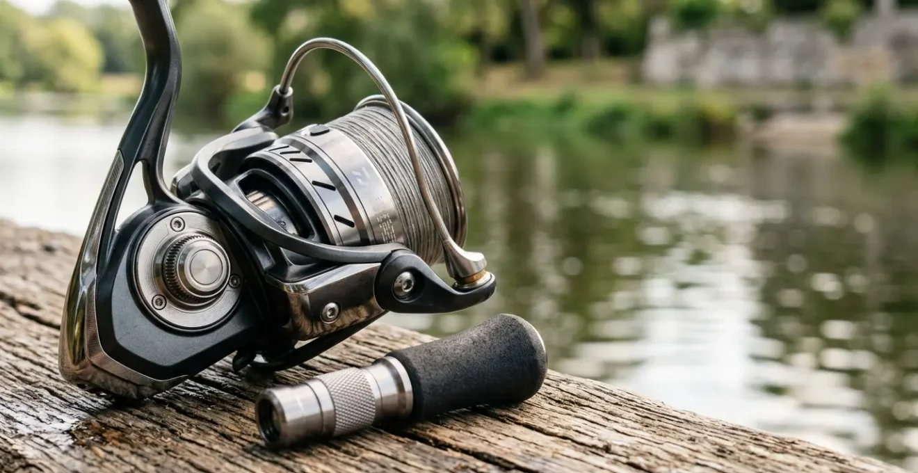 Moulinet spinning moderne pour la pêche aux leurres avec détails mécaniques visibles
