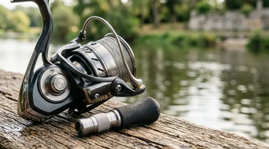 Moulinet spinning moderne pour la pêche aux leurres avec détails mécaniques visibles