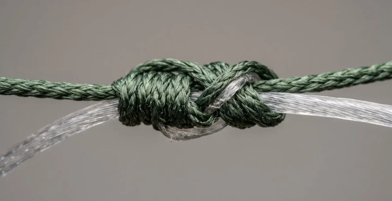 Détail macro d'un nœud de raccord entre tresse et fluorocarbone pour la pêche