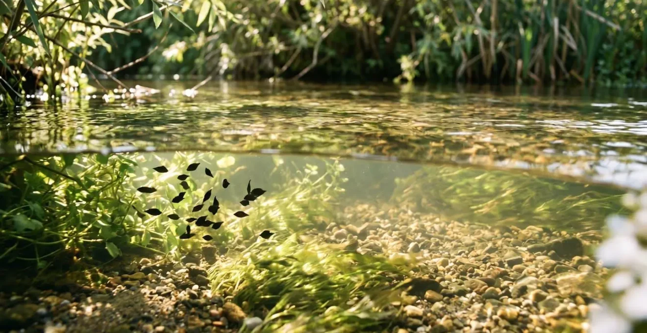 Scène symbolique évoquant la protection de la génération future de poissons dans un écosystème aquatique français préservé