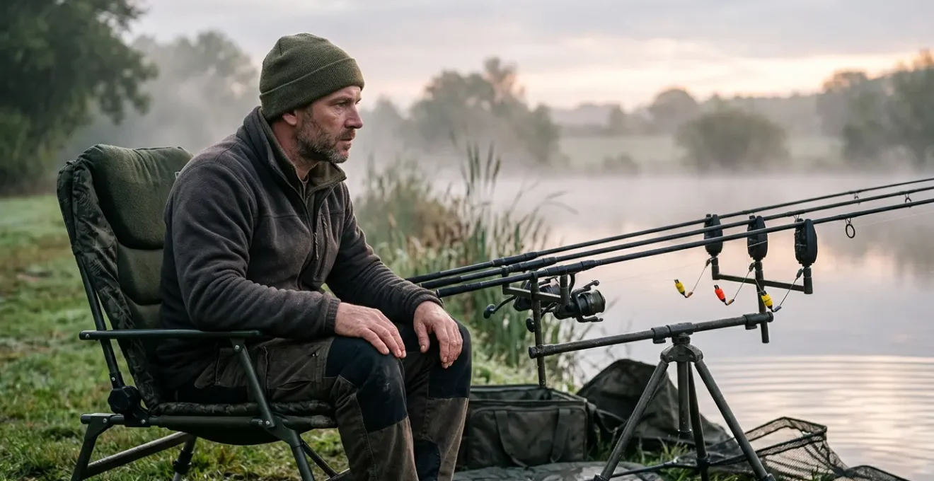 Pêcheur concentré observant attentivement ses indicateurs visuels au bord d'un étang français à l'aube