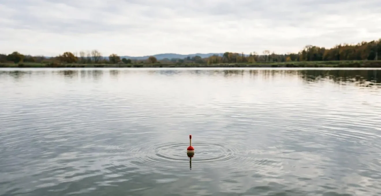 Vue contemplative d'un flotteur de pêche au coup sur un canal français avec reflets d'eau apaisants