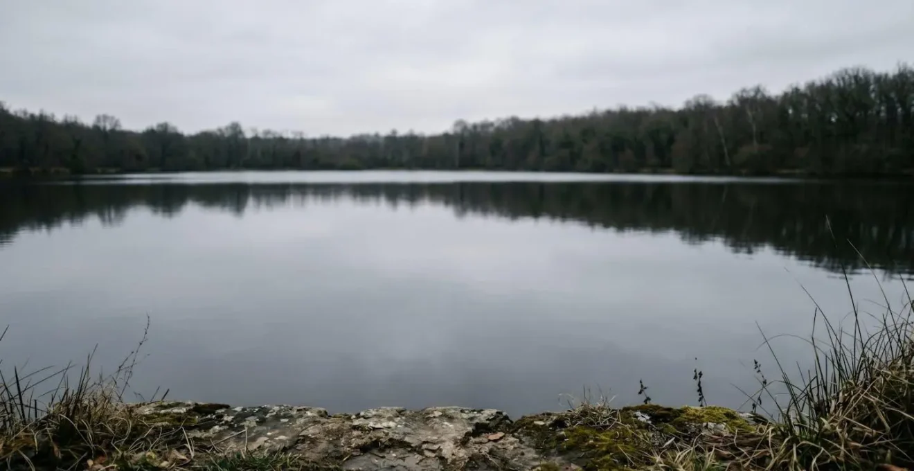 Vue minimaliste d'une berge de rivière française avec eau calme et absence d'activité visible