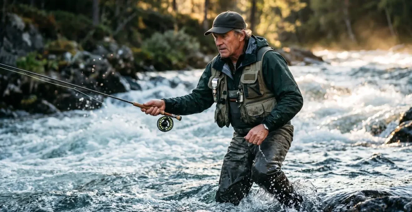 Pêcheur en action dans une rivière rapide illustrant la dimension sportive de la pêche