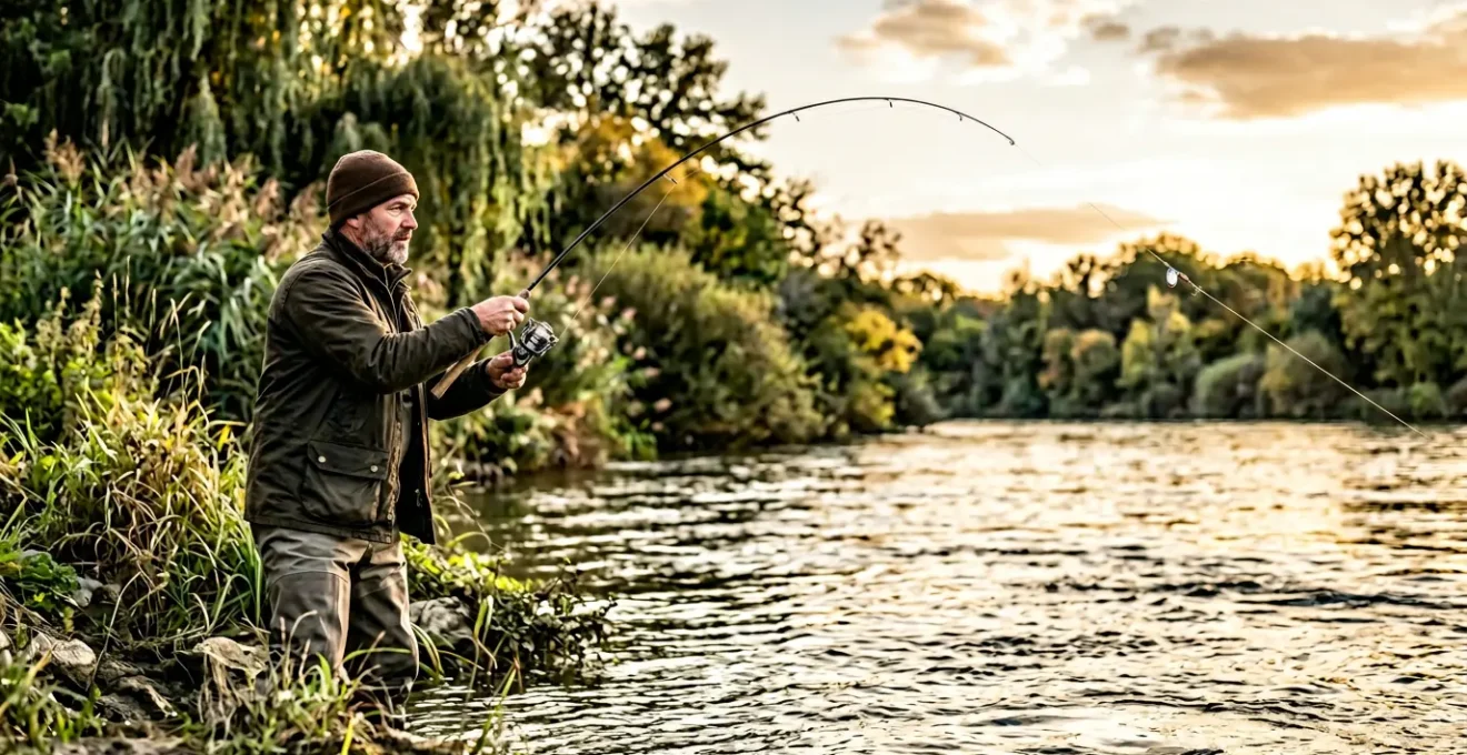 Pêcheur aux leurres en action sur une berge française, lancer dynamique au bord de l'eau