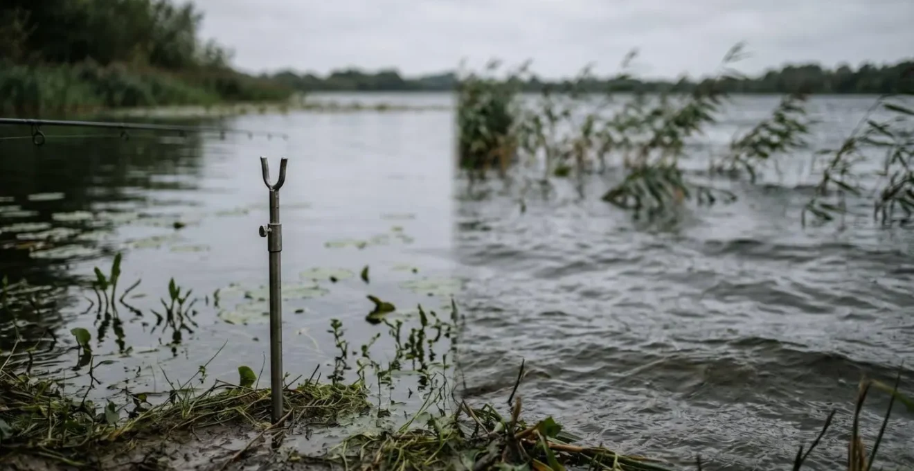 Vue d'une berge de lac française protégée du vent avec végétation aquatique calme