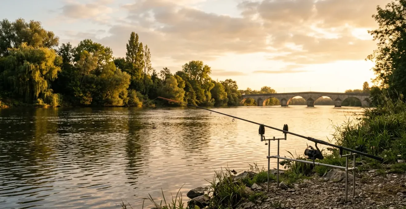 Pêcheur au bord d'un fleuve français pratiquant la technique du feeder pour cibler les grosses brèmes