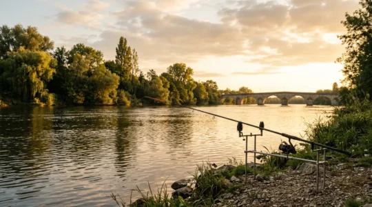 Pêcheur au bord d'un fleuve français pratiquant la technique du feeder pour cibler les grosses brèmes
