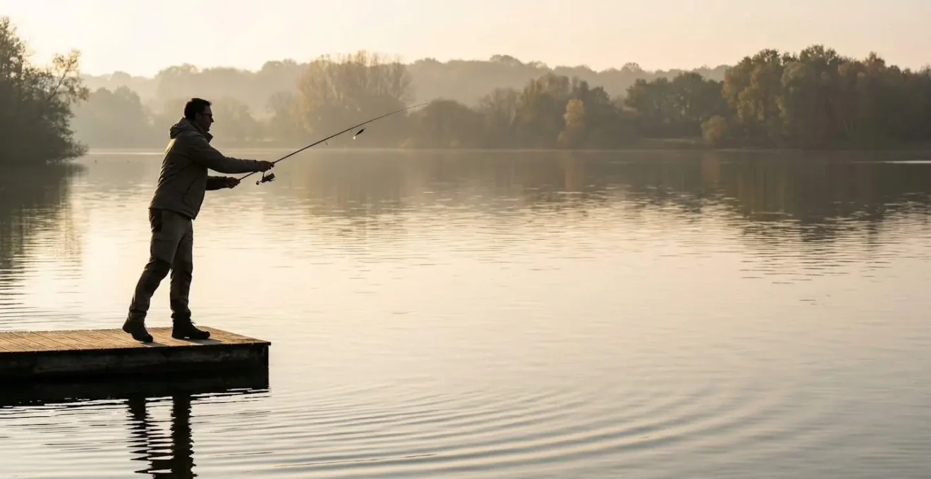 Pêcheur au leurre sur un lac français en action de lancer, environnement naturel saisonnier