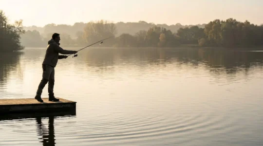 Pêcheur au leurre sur un lac français en action de lancer, environnement naturel saisonnier