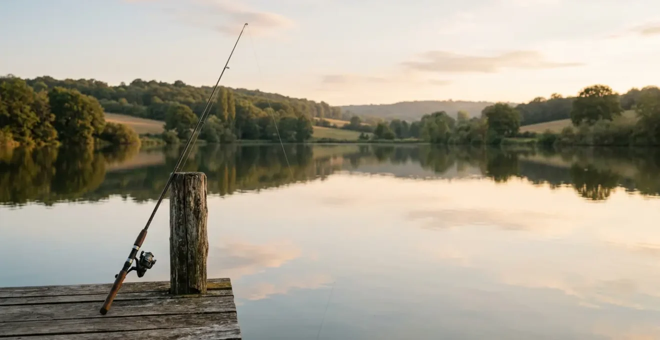 Scène paisible au bord d'un lac français avec canne à pêche et paysage naturel apaisant