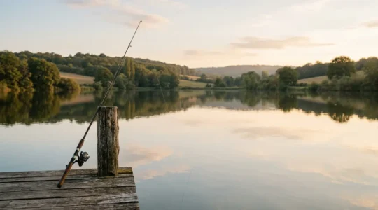 Scène paisible au bord d'un lac français avec canne à pêche et paysage naturel apaisant