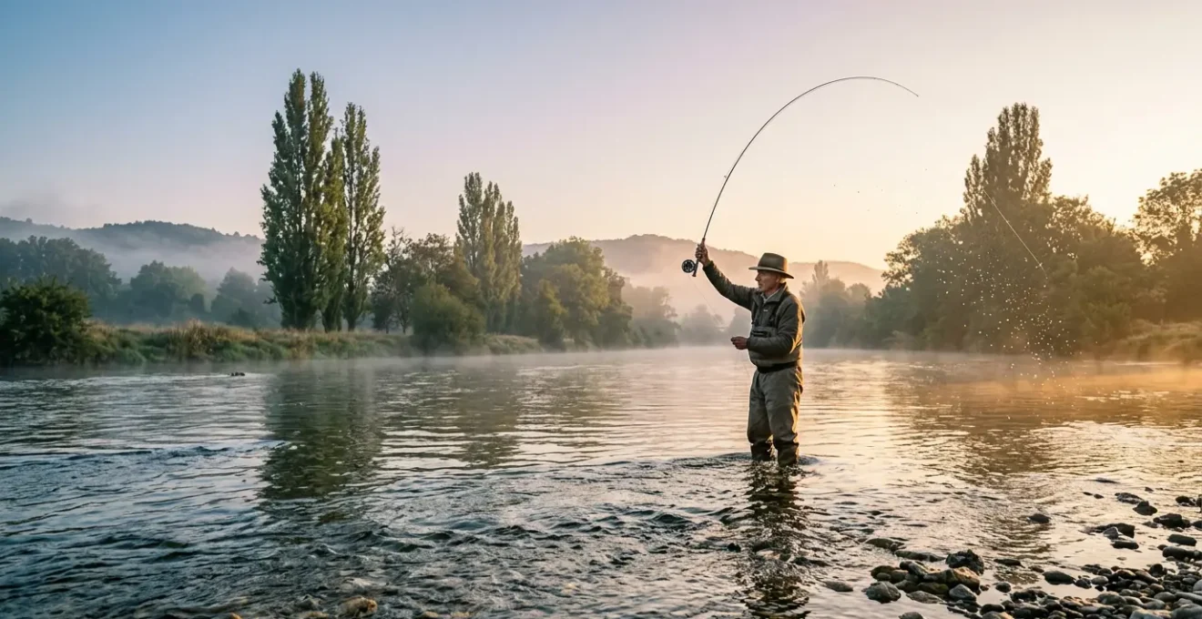 Pêcheur en wading dans une rivière française au lever du soleil, geste de lancer suspendu, atmosphère méditative