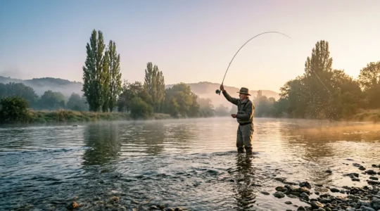 Pêcheur en wading dans une rivière française au lever du soleil, geste de lancer suspendu, atmosphère méditative