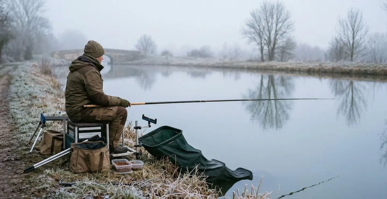 Pêcheur au coup en bord de canal français en hiver avec lignes fines et esches naturelles