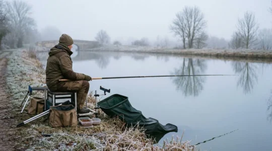 Pêcheur au coup en bord de canal français en hiver avec lignes fines et esches naturelles