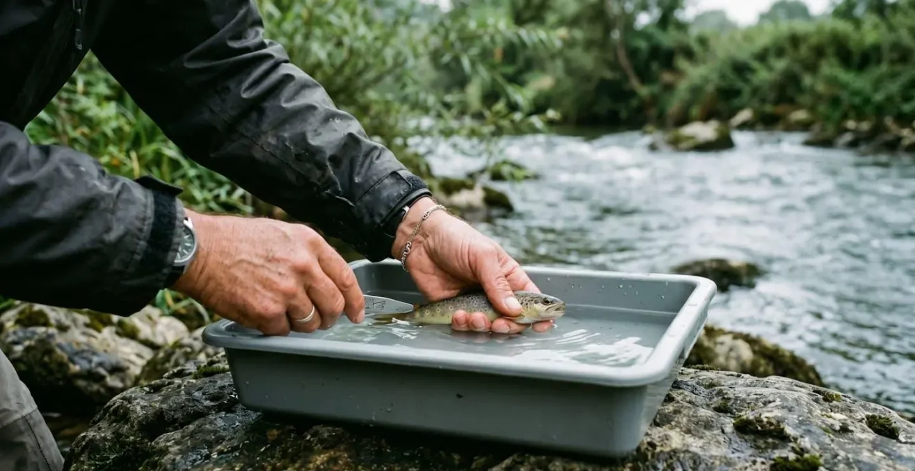 Opération scientifique de pêche électrique pour inventaire piscicole en rivière française