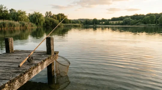 Scene de peche responsable en France avec gestion d'especes invasives au bord de l'eau