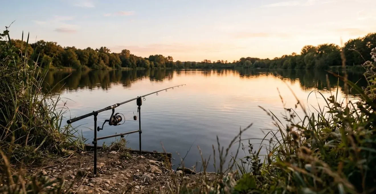 Pêcheur au bord d'un étang français pratiquant la pêche au feeder avec une canne montée et une cage feeder