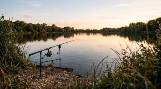 Pêcheur au bord d'un étang français pratiquant la pêche au feeder avec une canne montée et une cage feeder