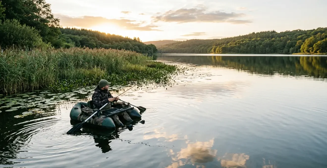 Pêcheur en float-tube explorant une zone de berge inaccessible avec palmes et cannes à pêche