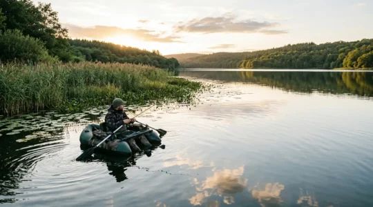 Pêcheur en float-tube explorant une zone de berge inaccessible avec palmes et cannes à pêche