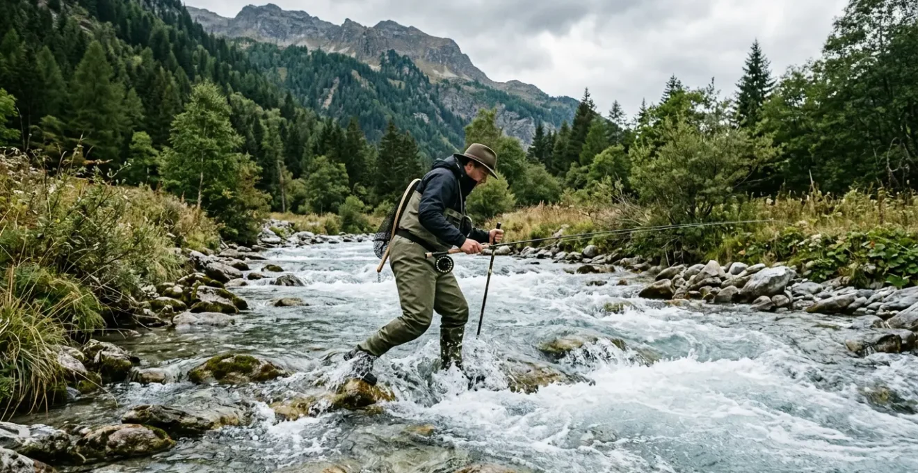 Pêcheur en waders dans une rivière de montagne française, marchant dans le courant avec canne à pêche, activité physique intense