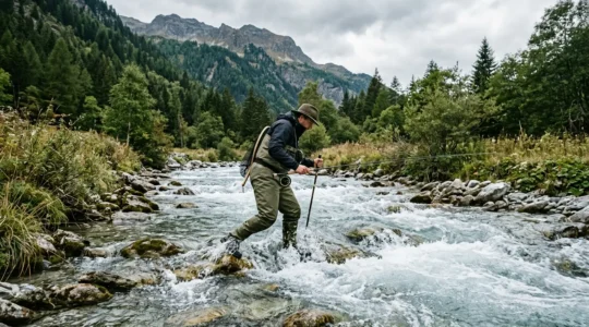 Pêcheur en waders dans une rivière de montagne française, marchant dans le courant avec canne à pêche, activité physique intense