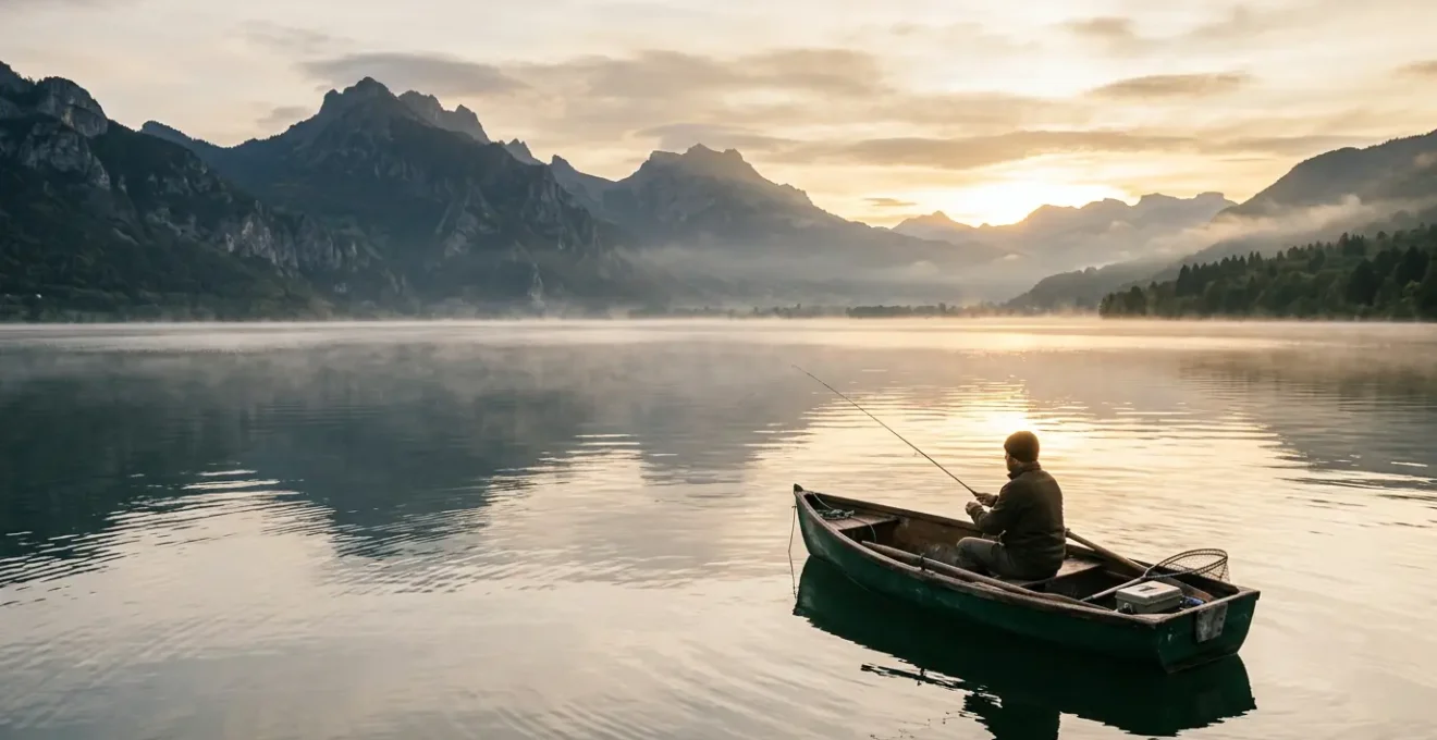 Pêcheur en bateau sur un grand lac français prospectant aux leurres avec matériel moderne