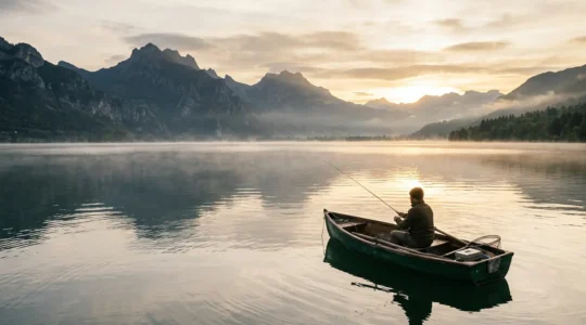 Pêcheur en bateau sur un grand lac français prospectant aux leurres avec matériel moderne