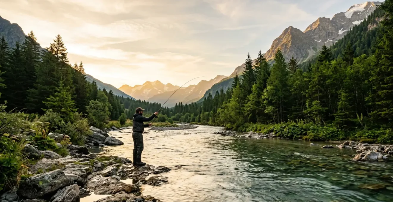 Un pêcheur seul au bord d'une rivière sauvage au lever du soleil, contemplant la nature
