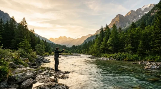 Un pêcheur seul au bord d'une rivière sauvage au lever du soleil, contemplant la nature