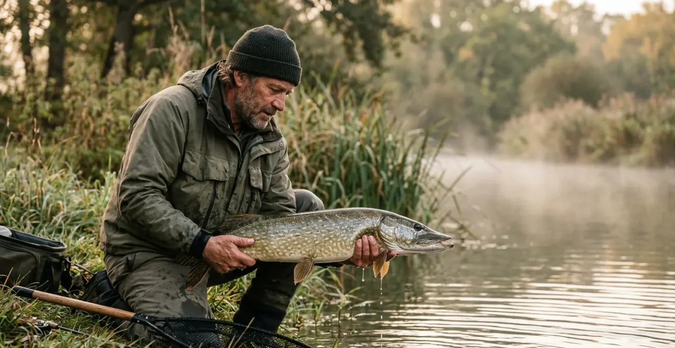 Pêcheur au bord d'une rivière française avec un brochet fraîchement capturé, illustrant la pêche responsable et le respect des quotas