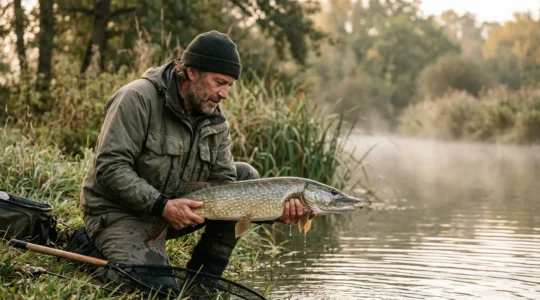 Pêcheur au bord d'une rivière française avec un brochet fraîchement capturé, illustrant la pêche responsable et le respect des quotas