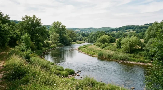 Vue panoramique d'une rivière française avec berges naturelles et végétation dense illustrant les zones de pêche réglementées