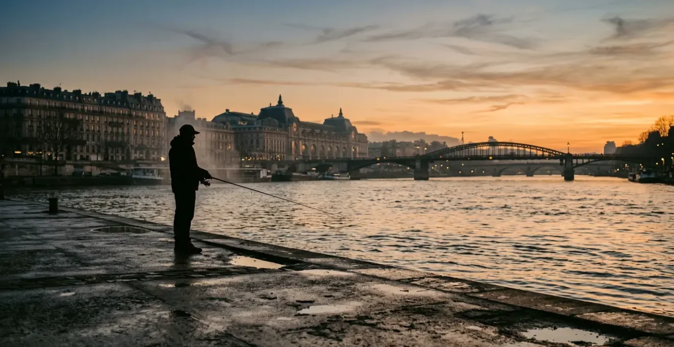 Pêcheur au leurre sur un quai urbain au crépuscule face à un fleuve
