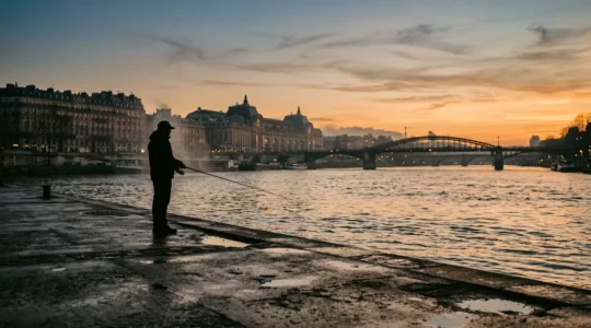 Pêcheur au leurre sur un quai urbain au crépuscule face à un fleuve